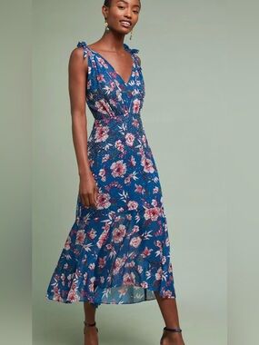 Anthropologie Ranna Gill "Johanne" Blue Floral Beaded Tie-Strap Dress